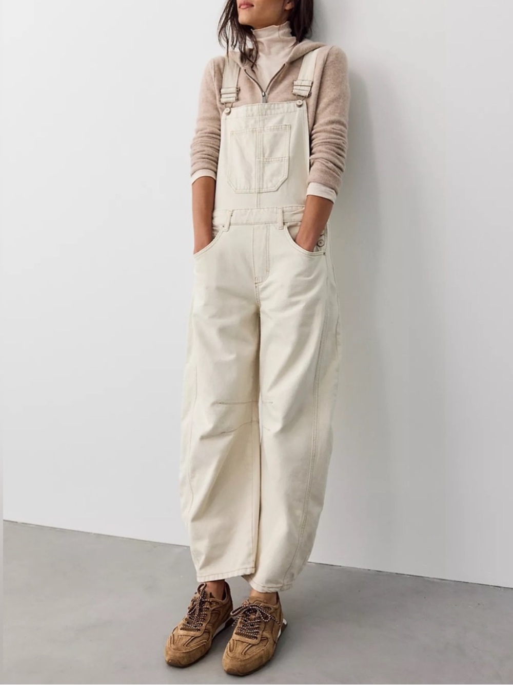 Free People We The Free Good Luck Cream Wide-Leg Denim Overalls in Milk